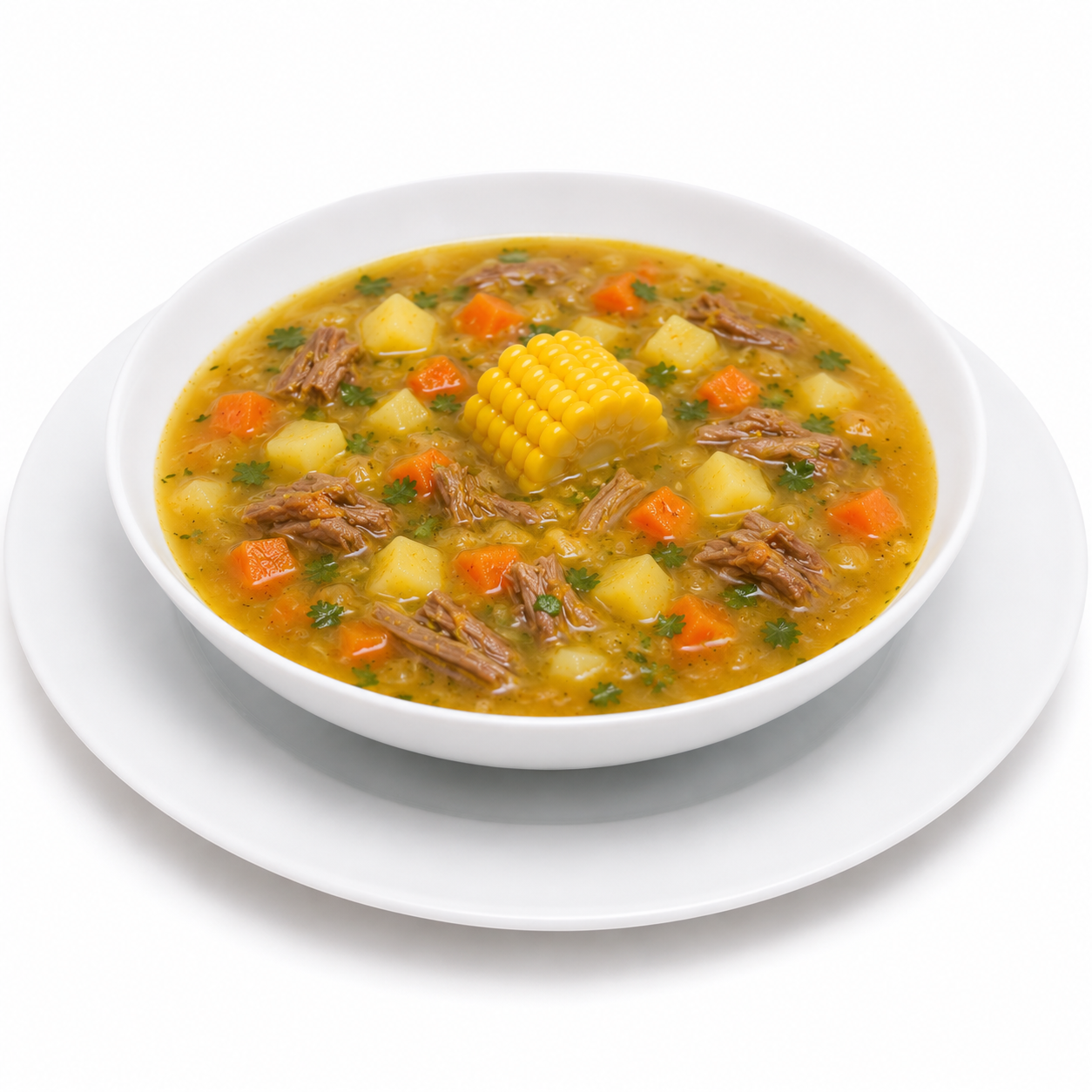 Homemade beef and chicken sancocho with yucca, malanga and potatoes by Casera Healthy Food