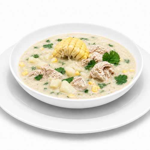 Homemade chicken chupe soup with corn, potatoes and white cheese by Casera Healthy Food